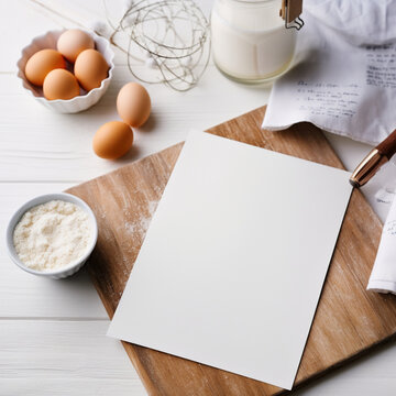 Fotografia de estilo mockup con detalle de hoja en blanco sobre madera y objetos de cocina