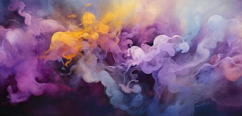 Ethereal clouds of amethyst and citrine smoke bursting forth, painting the air with a mesmerizing and vibrant palette.