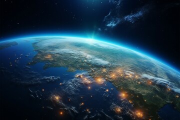 Detailed 3D Earth render against a celestial canvas of stars