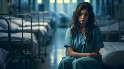 
A sad nurse worries alone in an empty medical clinic. Hard work of the nursing staff, sleepless night in emergency