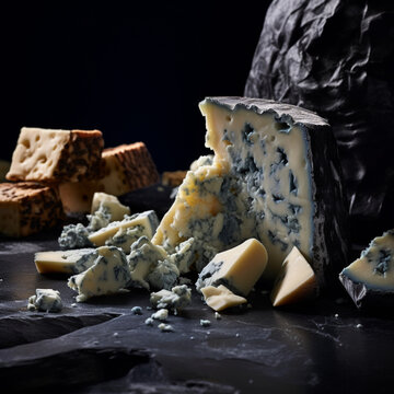 Fotografia con detalle y textura de trozos de queso azul