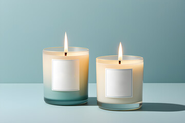 Fototapeta na wymiar two candles in a glass jar on a minimalistic blue background