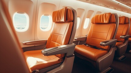 Empty Premium comfort First class orange seats, luxury armchairs in plane for travel.