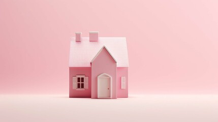 Miniature model of a toy doll house isolated on a flat pink background with copy space. Minimalist dollhouse banner template, creative house building