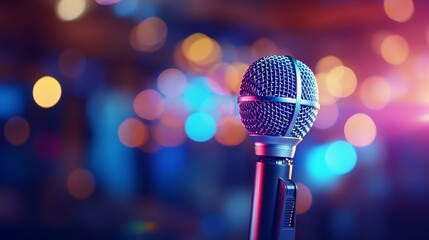 Microphone, close up shot, neon blue color palette. Microphone on blurred club background with copy space. Banner template for karaoke club. - obrazy, fototapety, plakaty