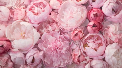Ethereal peonies artfully arranged on a rosy canvas, presenting an enchanting floral layout, ideal for incorporating text.
