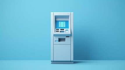Unbranded ATM on the background of a monochrome blue wall. Front view, blue ATM in a minimal interior. Minimal creative concept.