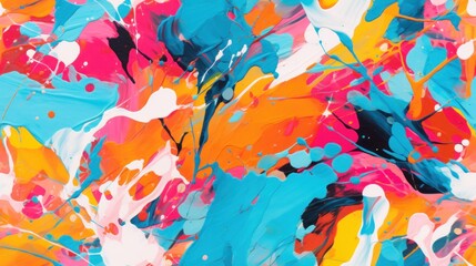  an abstract painting of blue, orange, pink, and yellow paint splattered on a white background with black spots.