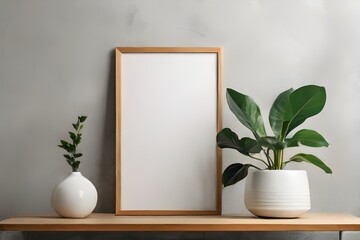 blank picture frame mockup on a wall vertical frame mockup in modern minimalist interior with plant in trendy vase on wall background, Template for painting, photo or poster Generative Ai