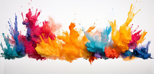 Explosive arrangements of vivid colored powder bursts mingling with vibrant colorful paint splashes, shaping captivating design elements on a blank, solid white surface.