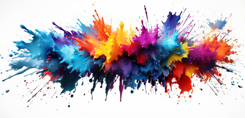 Explosive arrays of colorful paint splashes merging with bursts of vibrant colored powder elements, shaping dynamic design elements on a pure solid white background.