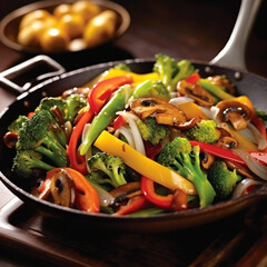 fotografia con detalle de wok con verduras a la parrilla de diferentes colores - obrazy, fototapety, plakaty