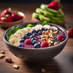 Fotografia con detalle de cuenco ceramico con yogur, frutos rojos, trozos de fruta y cereales - obrazy, fototapety, plakaty
