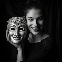 Fotografia en blanco y negro con detalle de rostro de mujer actriz con mascara de teatro