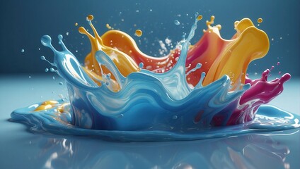 Vivid splash of liquid in shades of baby blue, yellow, and magenta, against a serene blue background.