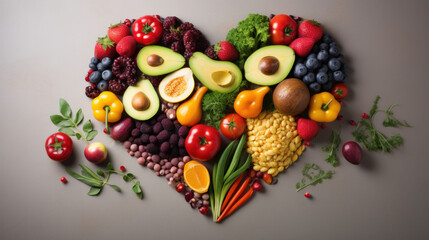Naklejka na ściany i meble A heart-shaped assortment of nutritious foods promotes a balanced diet on World Health Day, highlighting the importance of healthy eating.