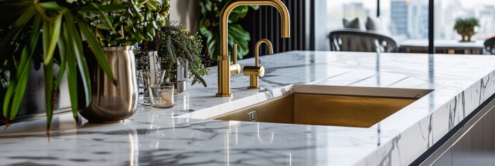 A high-end kitchen sink with a luxurious gold faucet and an exquisite marble worktop - obrazy, fototapety, plakaty