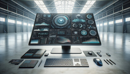 Sleek data analysis workstation in minimalist industrial space.