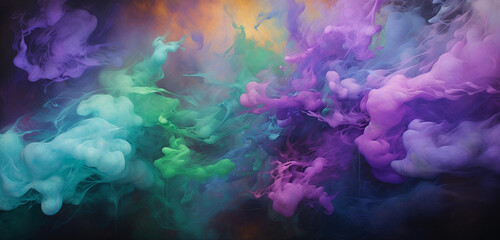 Fototapeta na wymiar Explosive clouds of emerald and amethyst smoke soaring and melding, narrating a captivating portrait of vibrant colors across the atmospheric canvas.