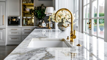 A high-end kitchen sink with a luxurious gold faucet and an exquisite marble worktop