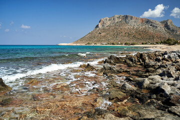 Sea, beach and mountains in the town of Stavros on the island of Crete