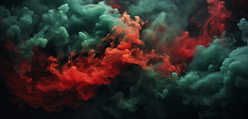 Explosive clouds of scarlet and emerald smoke swirling and colliding, forming an intricate and mesmerizing pattern.