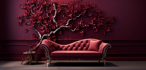 A sophisticated, 3D intricate tree with variegated leaves against a solid burgundy wall, featuring a sleek sofa. - obrazy, fototapety, plakaty