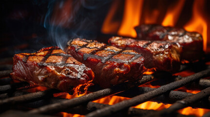 Closeup of grilled steak meat pieces on grill with flame and smoke in background