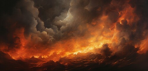 A striking portrayal of intense flames amidst thick smoke, tailored artistically to captivate within a panoramic  canvas. - obrazy, fototapety, plakaty