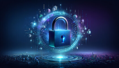 Surreal IoT Security: Metallic padlock floats in ethereal void with data streams and cityscape silhouette.