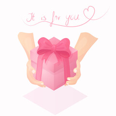 A set of illustrations for Valentine's Day, March 8 or a birthday. Pink box in different configurations: with hearts, closed box, open box, box held by hands, box with a cat. Flat style box illustrati