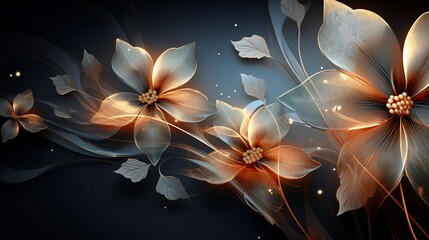 Gleaming metallic flowers and translucent leaves providing space for your text.