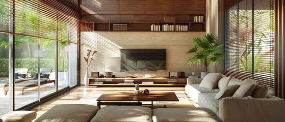 Fotobehang Modern living room interior with design and decor in earth tones. TV on a wooden wall © ColdFire