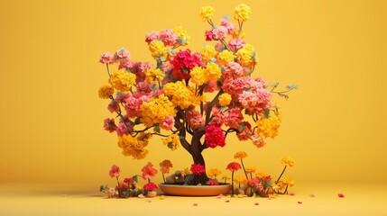 A vibrant 3D arrangement of marigolds and carnations in lively yellows and pinks emerging on a sunny yellow background, accented by a vivid tree.