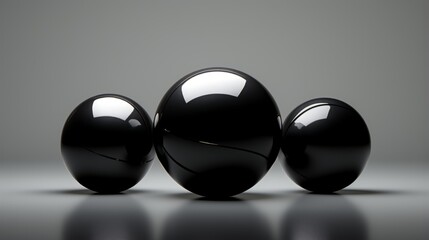 Black spheres in a minimalist space. Trendy black round-shaped objects. 