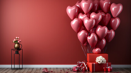 Balloons decorate red wall interior with valentine's day gift