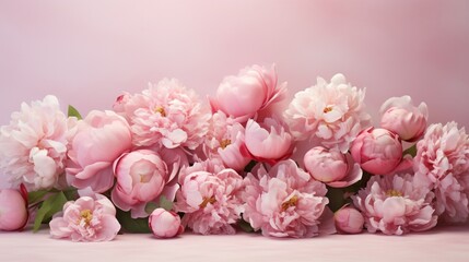 Graceful peonies arranged on a soft pink backdrop, crafting an inviting floral arrangement, perfect for accommodating text.