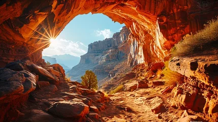 Fototapeten spectacular rock arch - warm sunlight floods the scene - sunrise in rocky landscape - outdoor, hiking, wilderness, desert, sunlight © 100choices