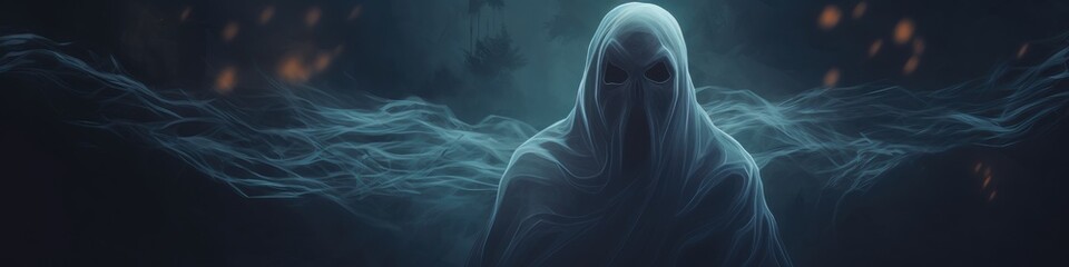 Portrait of ghost on the midnight black banner, paranormal powers concept