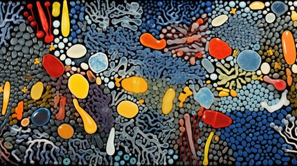  a close up of a painting with many different colors and sizes of shapes and sizes of bubbles and corals.