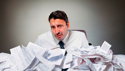 Man with tie, buried in papers at his work table in the office. Work overload concept. Stress. Lifestyle.