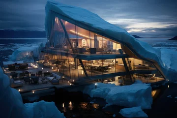 Rolgordijnen A house of the future built in an iceberg in Anarctica. Future living: innovative house within antarctic iceberg - sustainable design and isolation in the frozen wilderness. © Alla