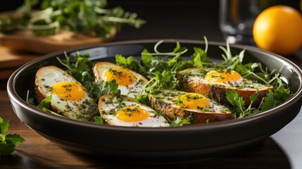  a close up of a plate of food with eggs on toast and greens on a table next to a glass of water.
