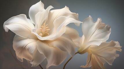 Obraz na płótnie Canvas a close up of two white flowers on a black and white background with a blue back ground and a gray back ground.