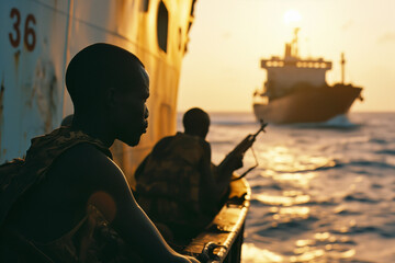 Armed Somali pirates attack container wessels at sea. - obrazy, fototapety, plakaty