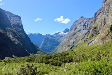 Fototapeta na wymiar New Zealand mountains green gras blue sky