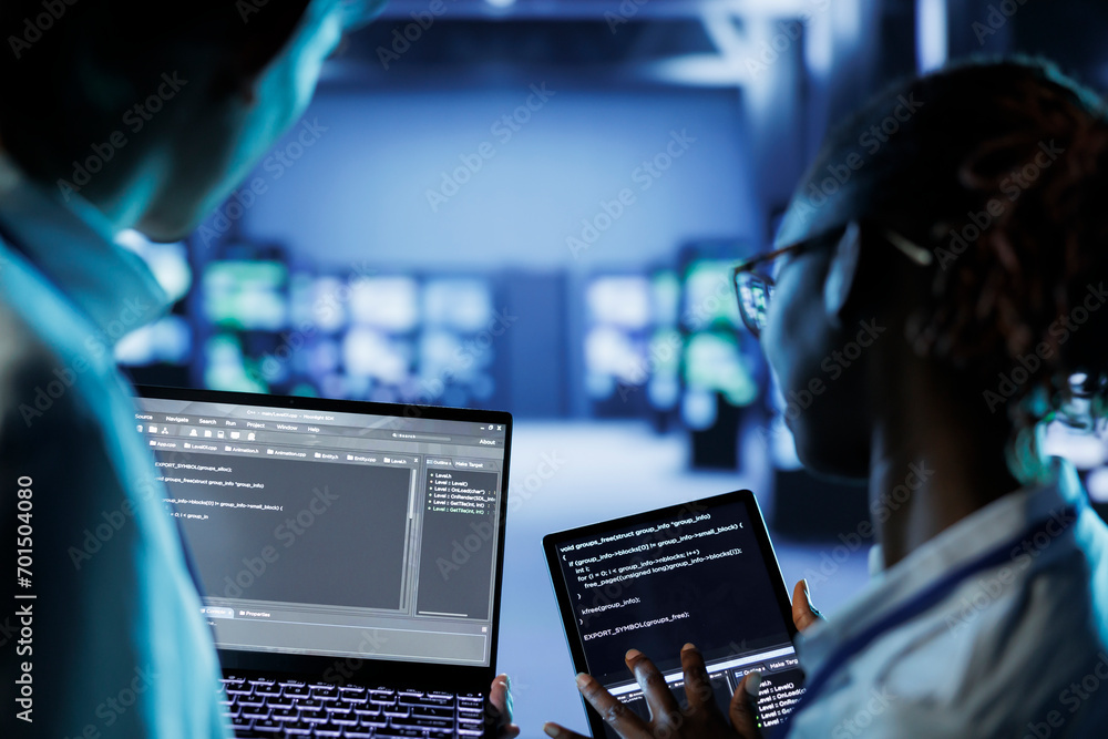 Poster it developers building firewall systems in server room housing advanced infrastructure. licensed spe