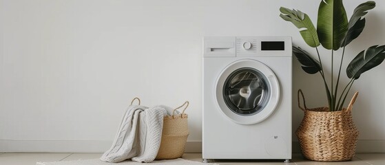 Elegant washing machine and laundry basket next to clean white wall