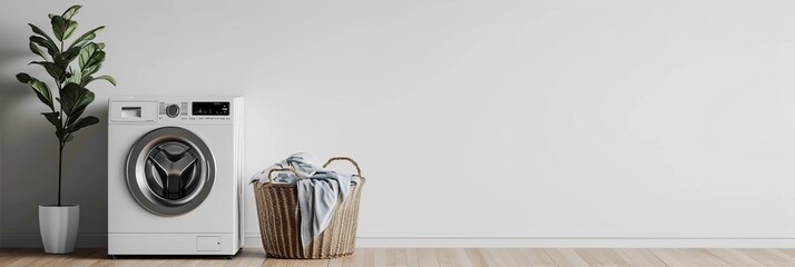 Elegant washing machine and laundry basket next to clean white wall