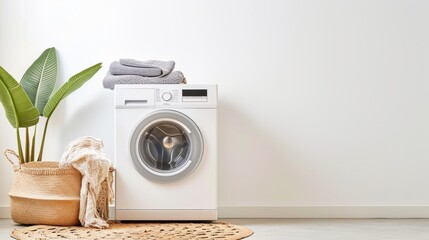 Elegant washing machine and laundry basket next to clean white wall - obrazy, fototapety, plakaty